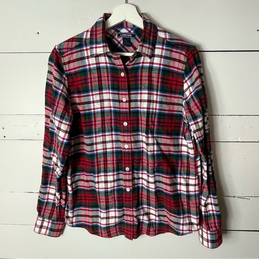 Lands' End Women's Long Sleeve Flannel Plaid Button-Up Shirt Red Size 8